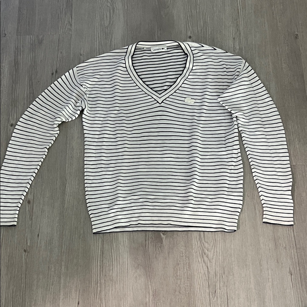 Lacoste V-Neck Sweater in Black and White Stripes
